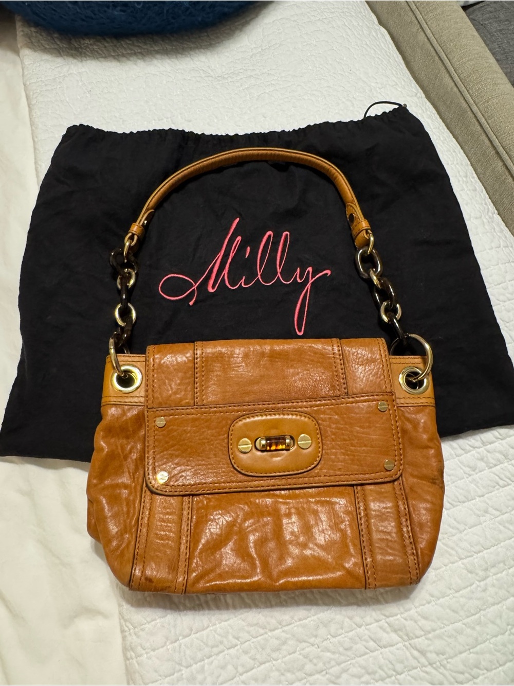 Milly Cognac Leather Shoulder Bag with Gold-Tone Hardware